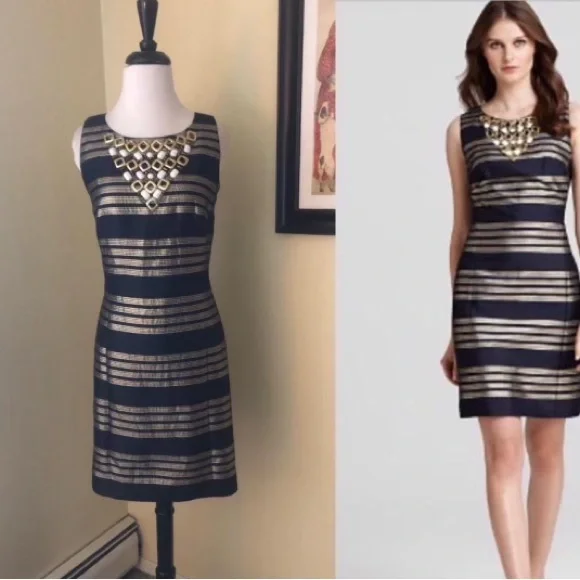 Lilly Pulitzer Navy Blue Metallic Dress Beaded Size 2 | Color:  Blue/Gold/Silver
